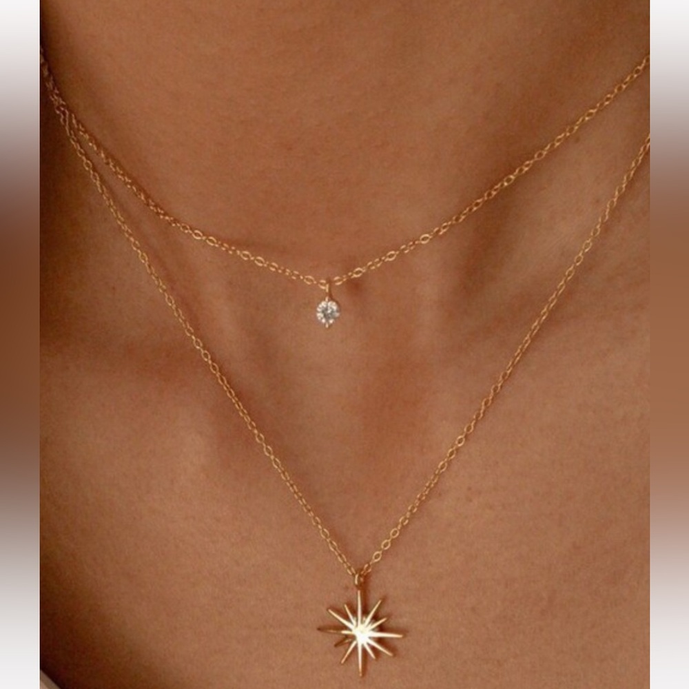 New 18K Gold Dipped Sunburst Layered Chain Necklace